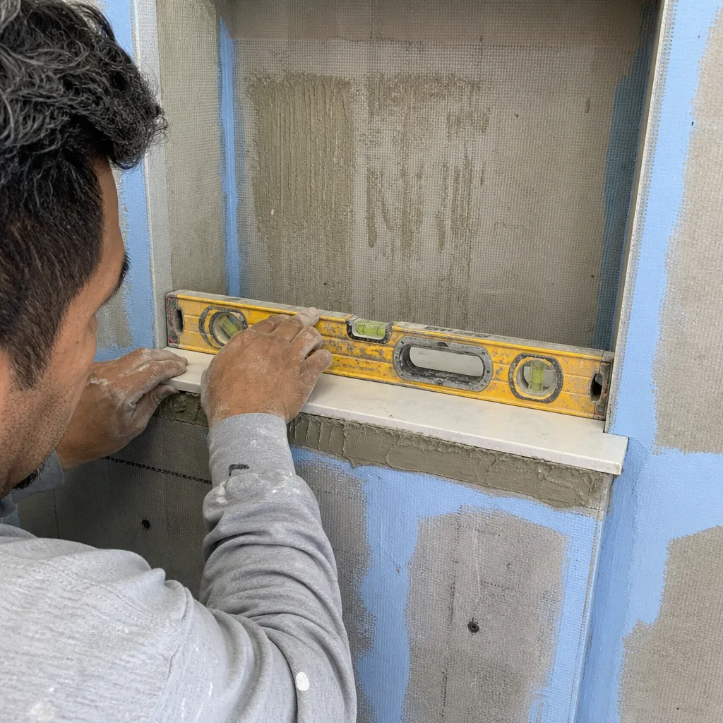 Contractor leveling a stone shelf for a shower niche remodel nationwide