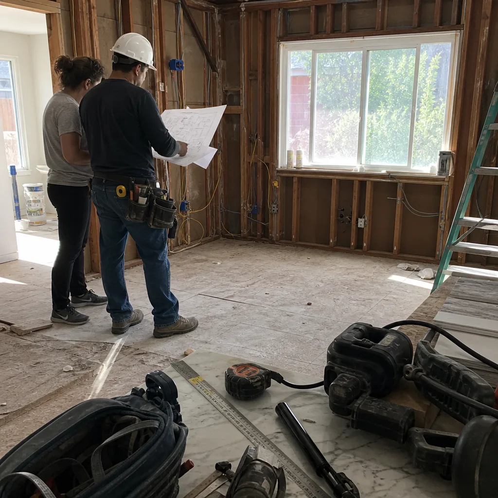 General contractor and client reviewing construction blueprints during a home renovation project nationwide