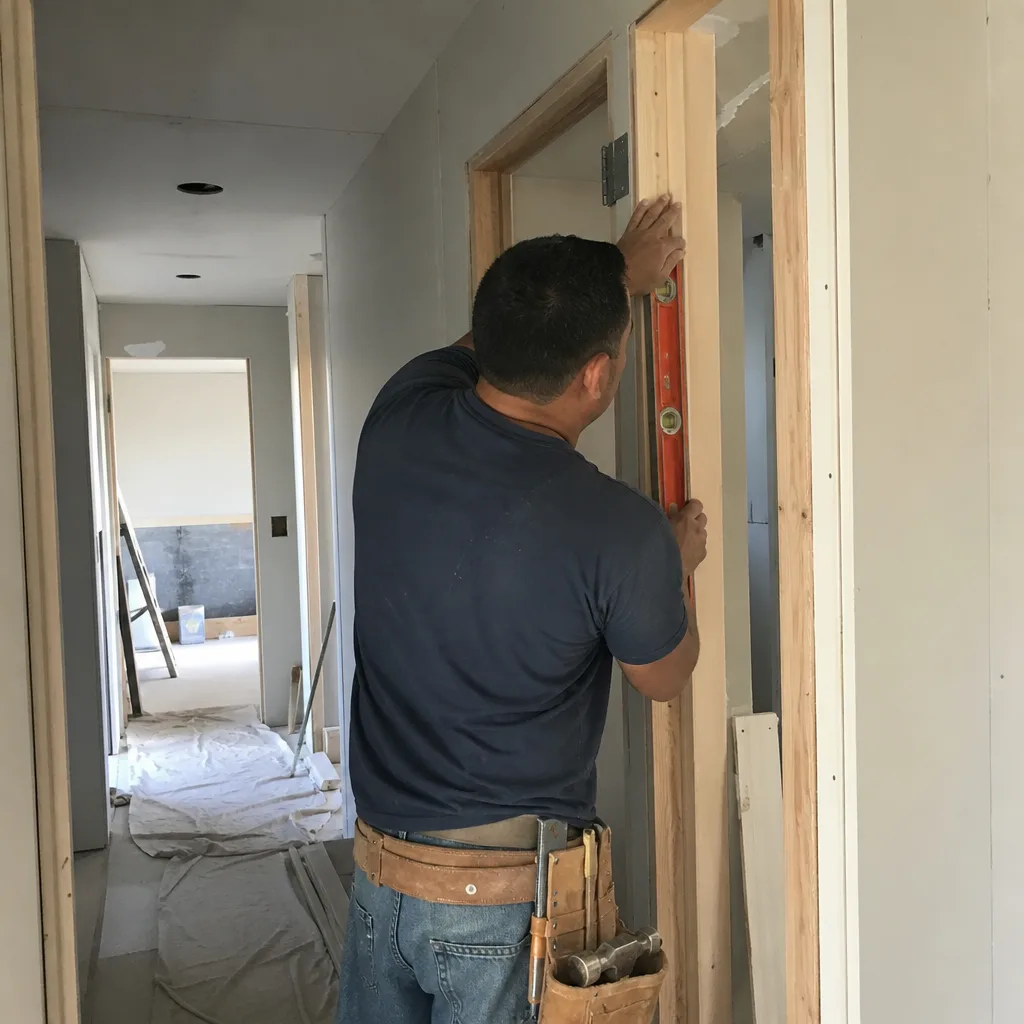Contractor using a level to install a wooden door frame nationwide