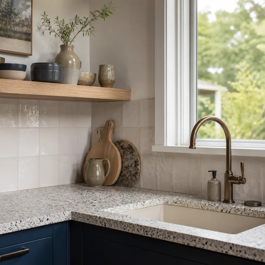 A stone counter, tile backsplash and open shelf after a kitchen remodel