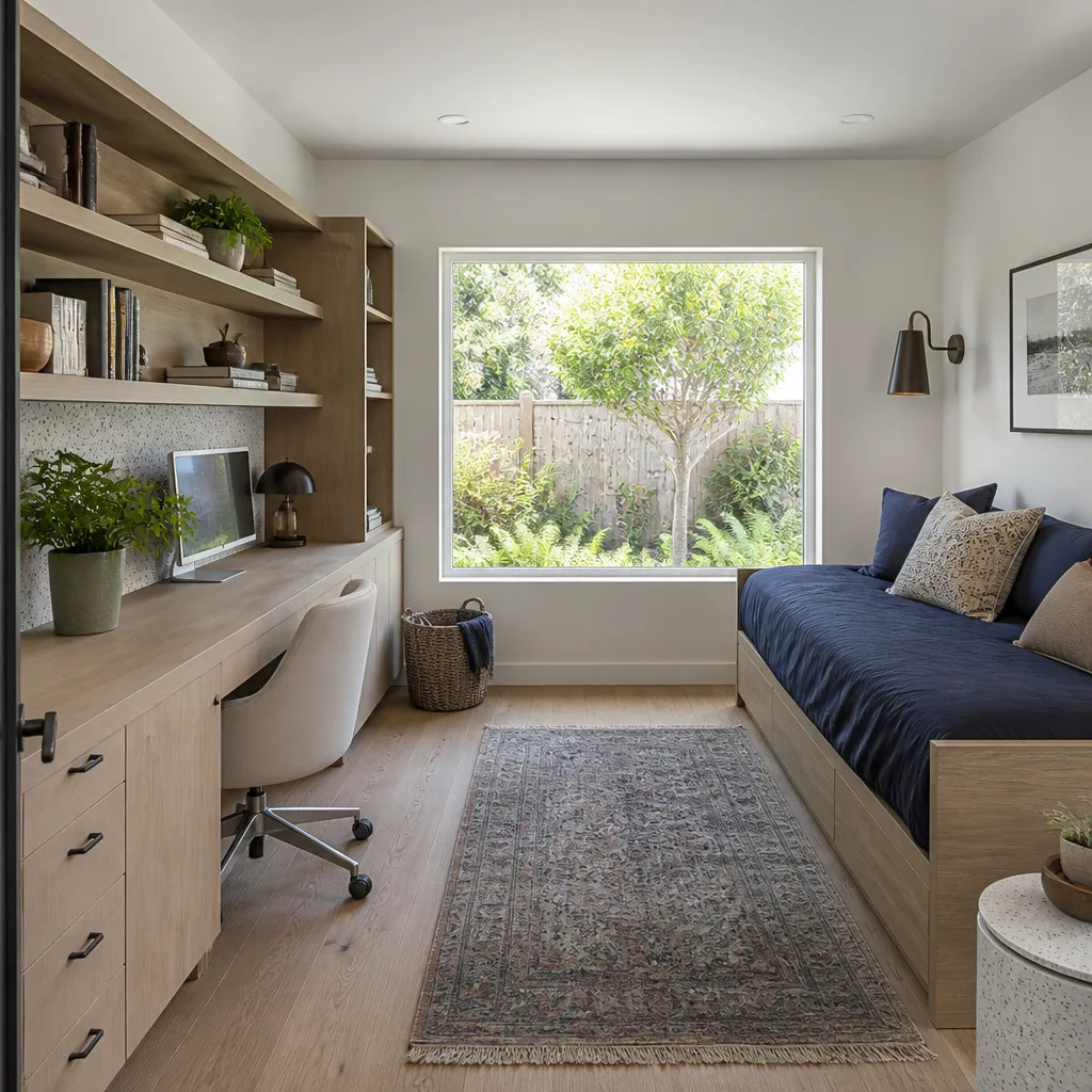 A garage converted into a guest room and home office